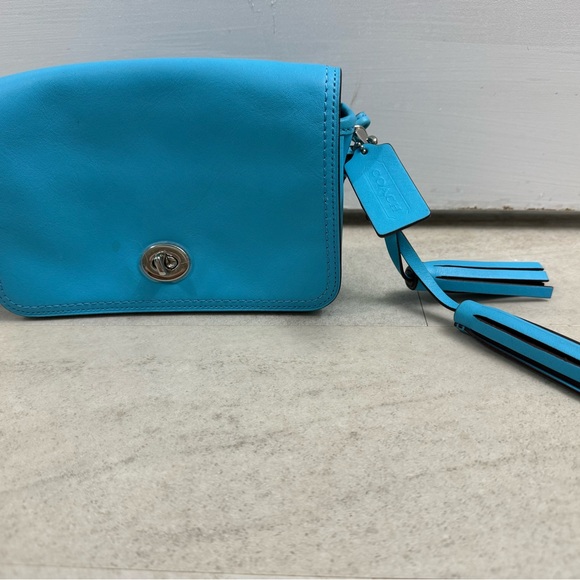 COACH Leather Crossbody Fringe accent bag purse bright blue - Picture 2 of 14